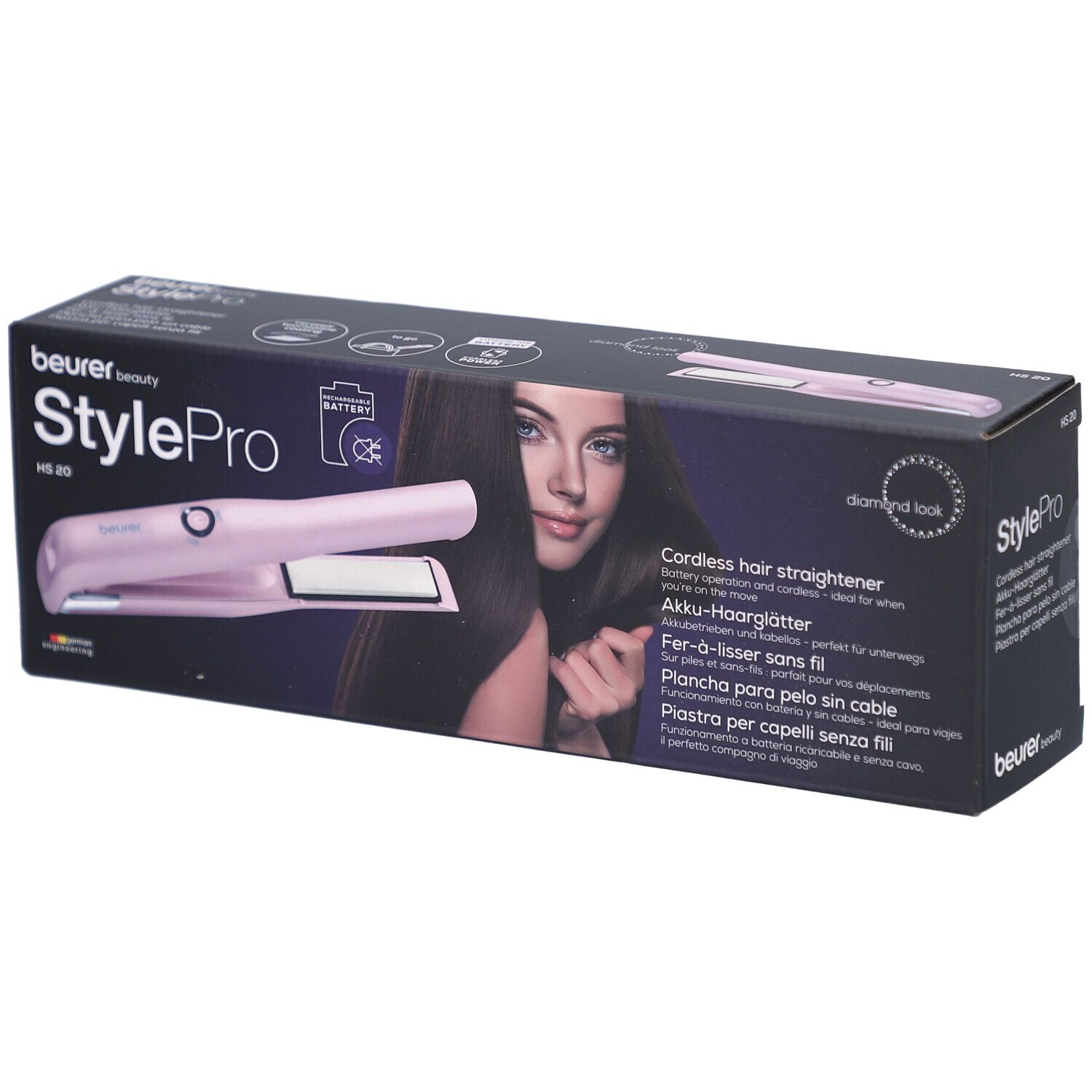 Lisseur sans fil HS 20 StylePro de Beurer dans son emballage. Appareil rose, femme aux cheveux longs sur l'emballage.