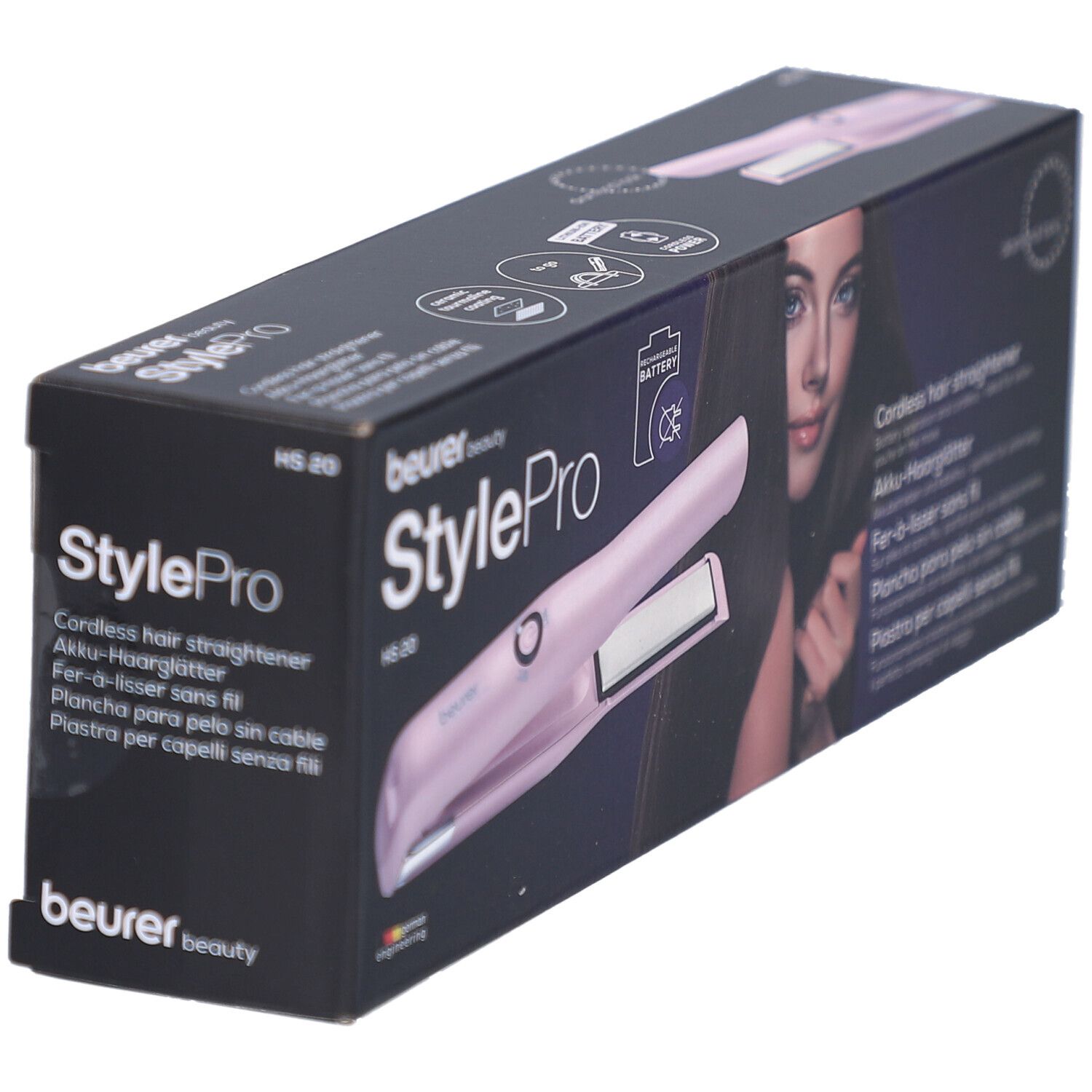 Lisseur sans fil HS 20 StylePro de Beurer dans son emballage. Appareil rose, femme aux cheveux longs sur l'emballage.