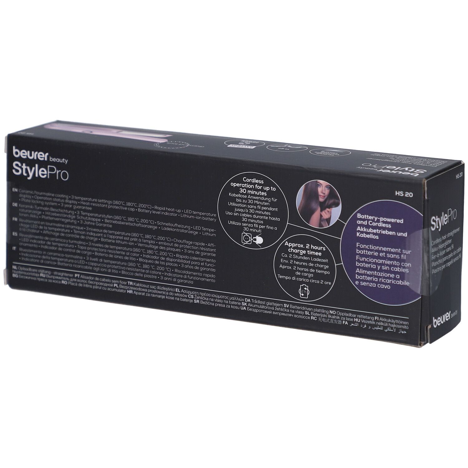 Dos de l'emballage du lisseur sans fil HS 20 StylePro de Beurer. Informations et pictogrammes.