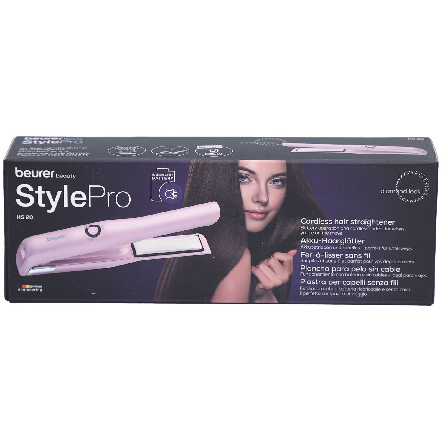 Lisseur sans fil HS 20 StylePro de Beurer dans son emballage. Appareil rose, femme aux cheveux longs sur l'emballage.