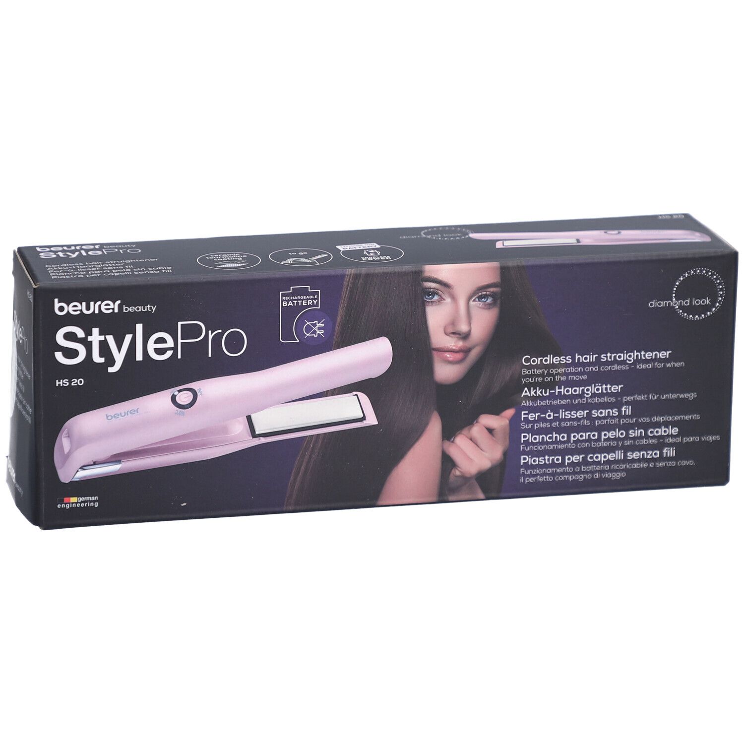 Lisseur sans fil HS 20 StylePro de Beurer dans son emballage. Appareil rose, femme aux cheveux longs sur l'emballage.