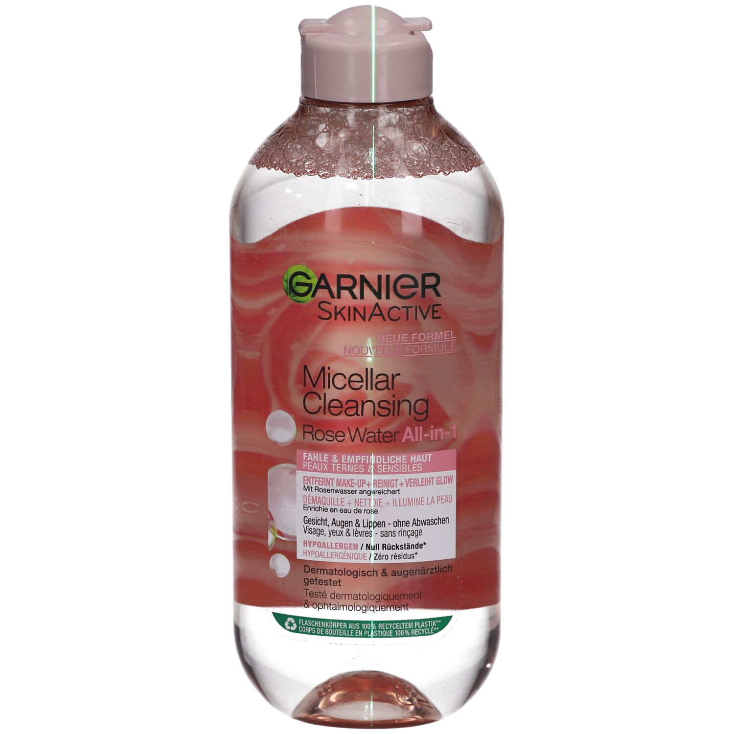 Garnier eau micellaire à l'eau de rose. Liquide clair dans une bouteille avec bouchon rose. Étiquette avec informations produit.