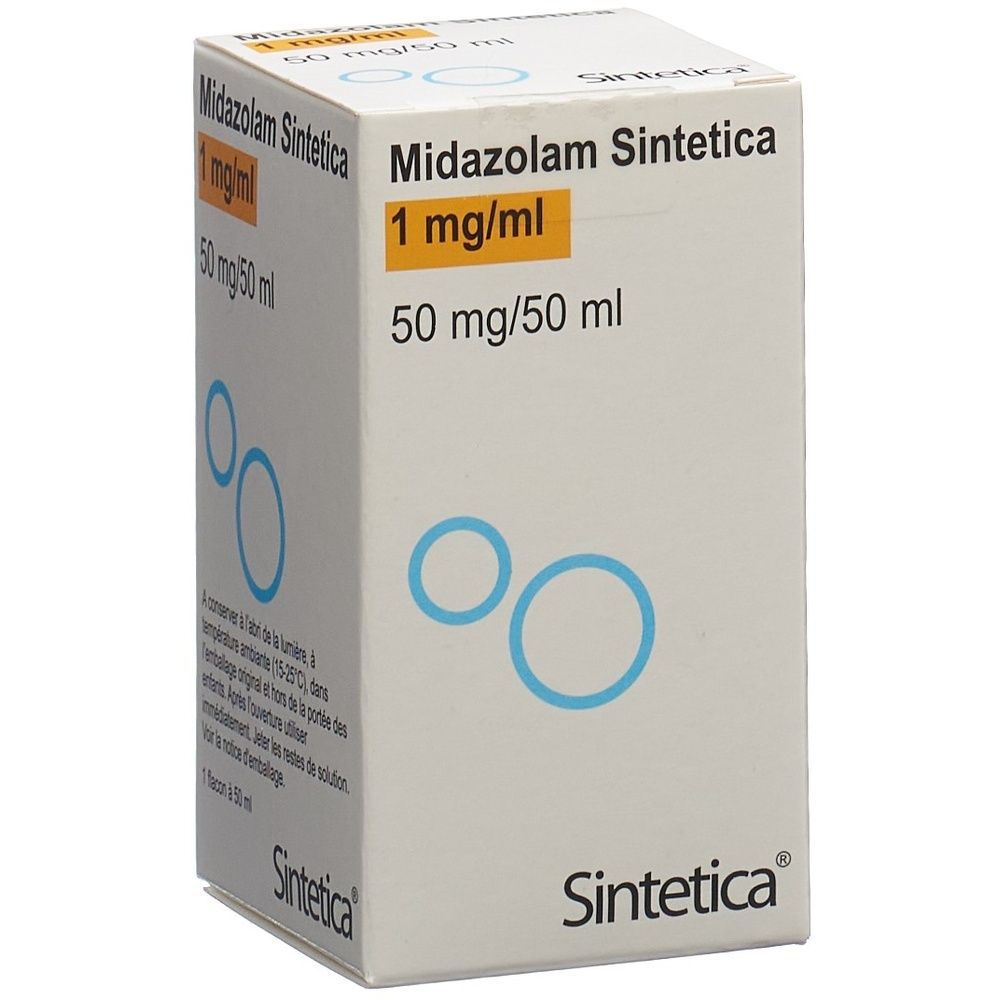 Boîte de Midazolam Sintetica. Inscription : 1 mg/ml, 50 mg/50 ml. Cercles bleus sur fond blanc. Logo Sintetica.