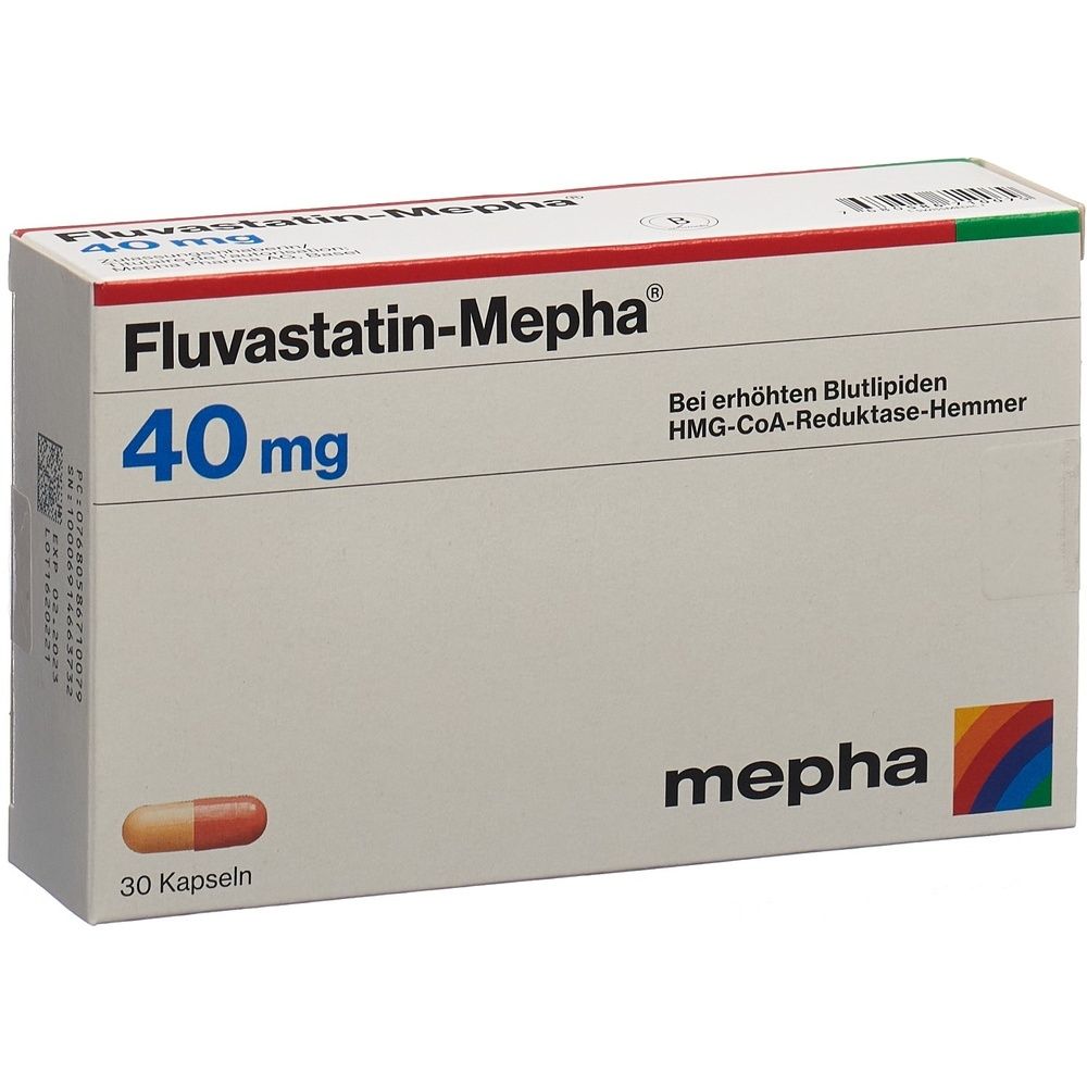 Karton FLUVASTATIN Mepha Kaps 40 mg. Aufschrift: 40 mg, Mepha. Weiß, rot und grün. Rechteckige Form.
