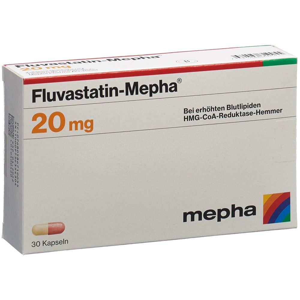 Karton mit Fluvastatin-Mepha 20mg. Weißer Karton mit roter und grüner Linie. Aufschrift: Fluvastatin-Mepha 20mg.