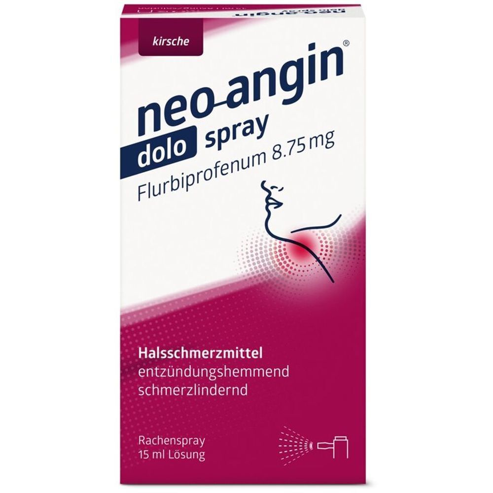 Emballage de neo-angin dolo Spray. Blanc et rose, avec nom du produit, indication de l'ingrédient et illustration d'une gorge. Cerise.
