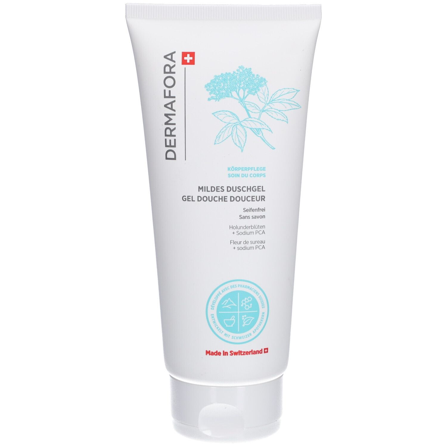 Weiße Tube mit Produktaufdruck. "DERMAFORA"-Logo, "Mildes Duschgel" und Pflanzenillustration. "Made in Switzerland".