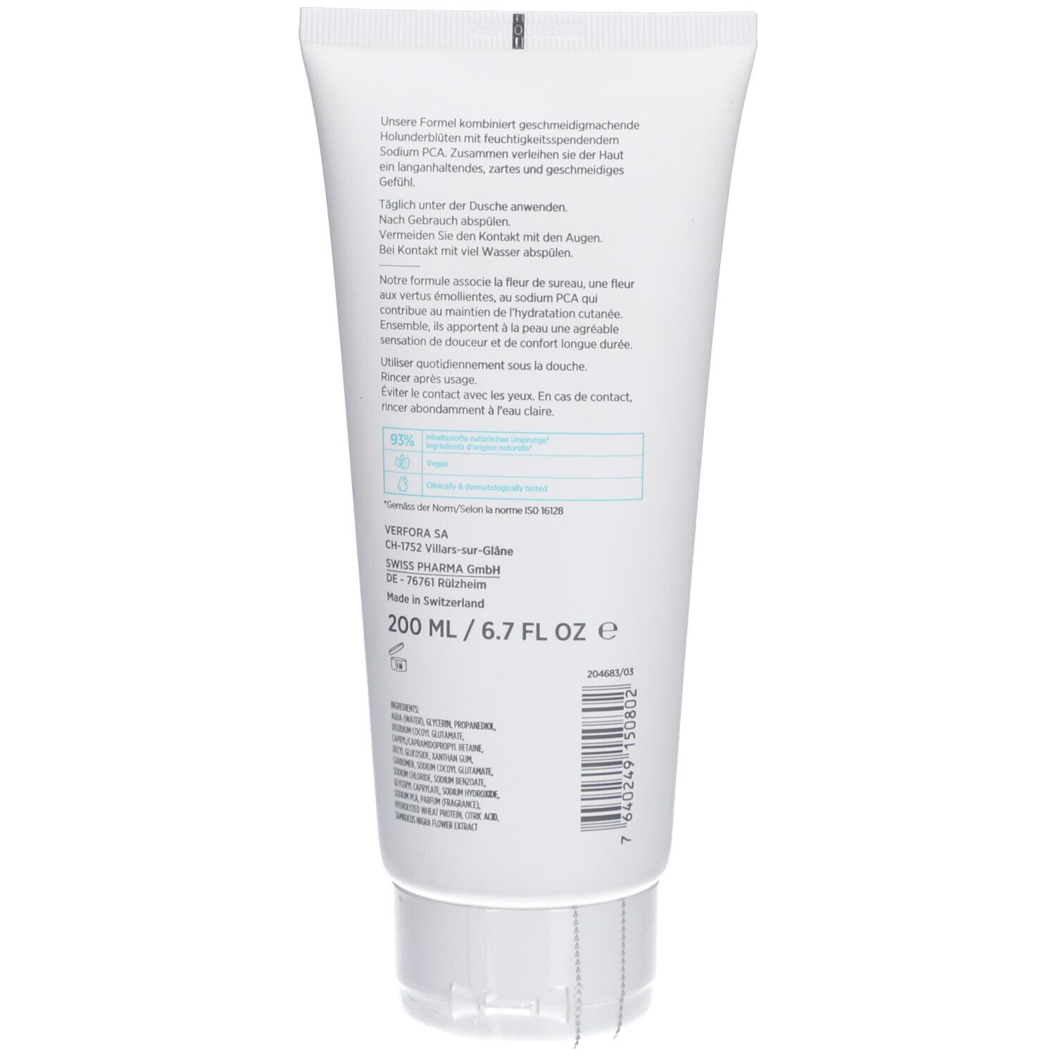 Rückseite der weißen Tube. Textinformationen, Inhaltsstoffe, Herstellerangaben und Volumenangabe: 200 ml / 6.7 FL OZ.