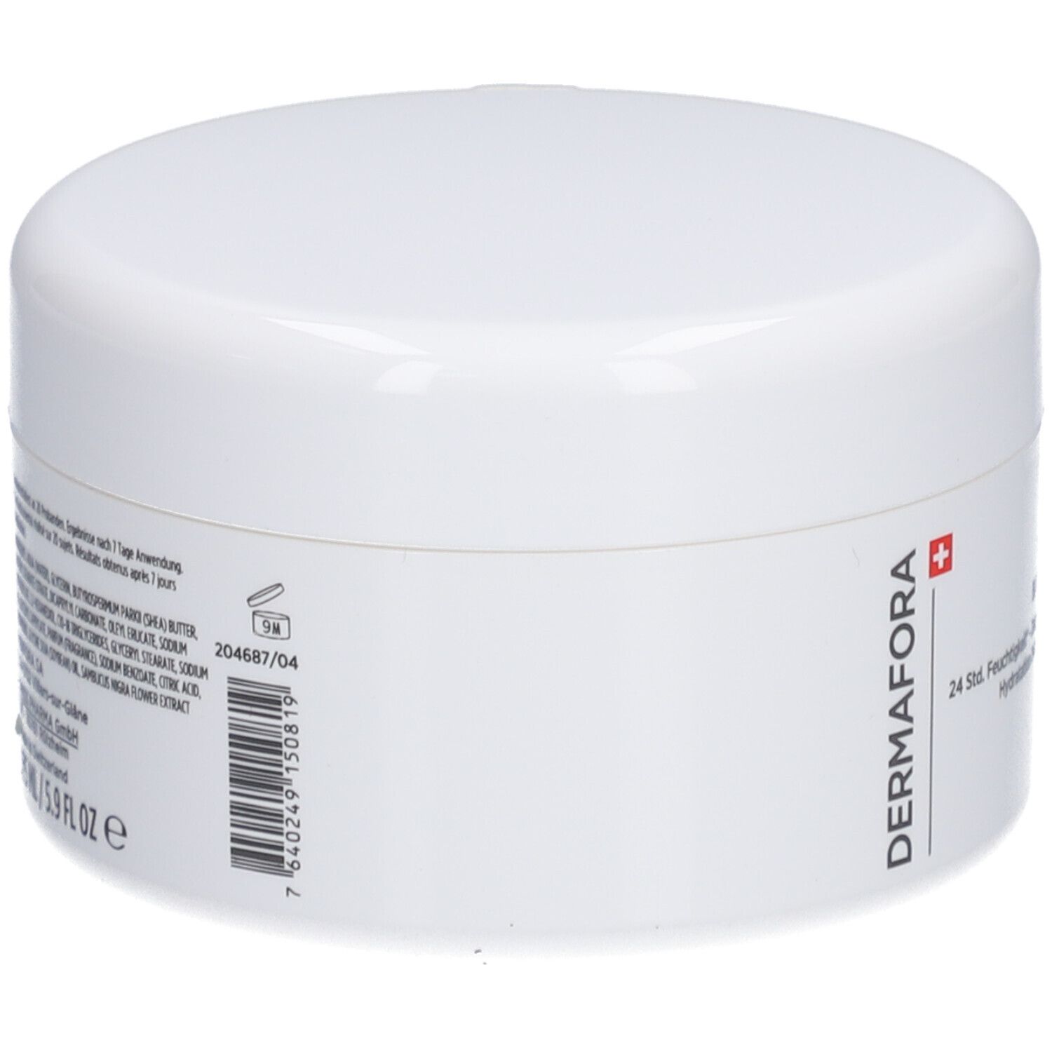 Weißer Tiegel mit Deckel. Aufschrift: DERMAFORA. Barcode und Text auf der Seite. 125 ml/5.9 fl oz.