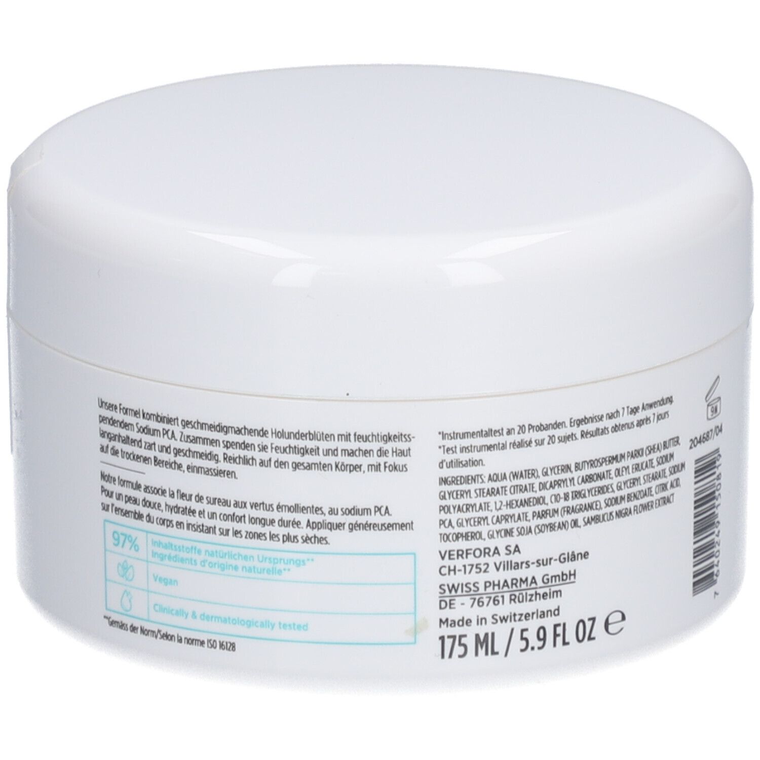 Weißer Tiegel mit Deckel. Text und Inhaltsstoffe auf der Seite. 175 ml/5.9 fl oz. Hergestellt in der Schweiz.