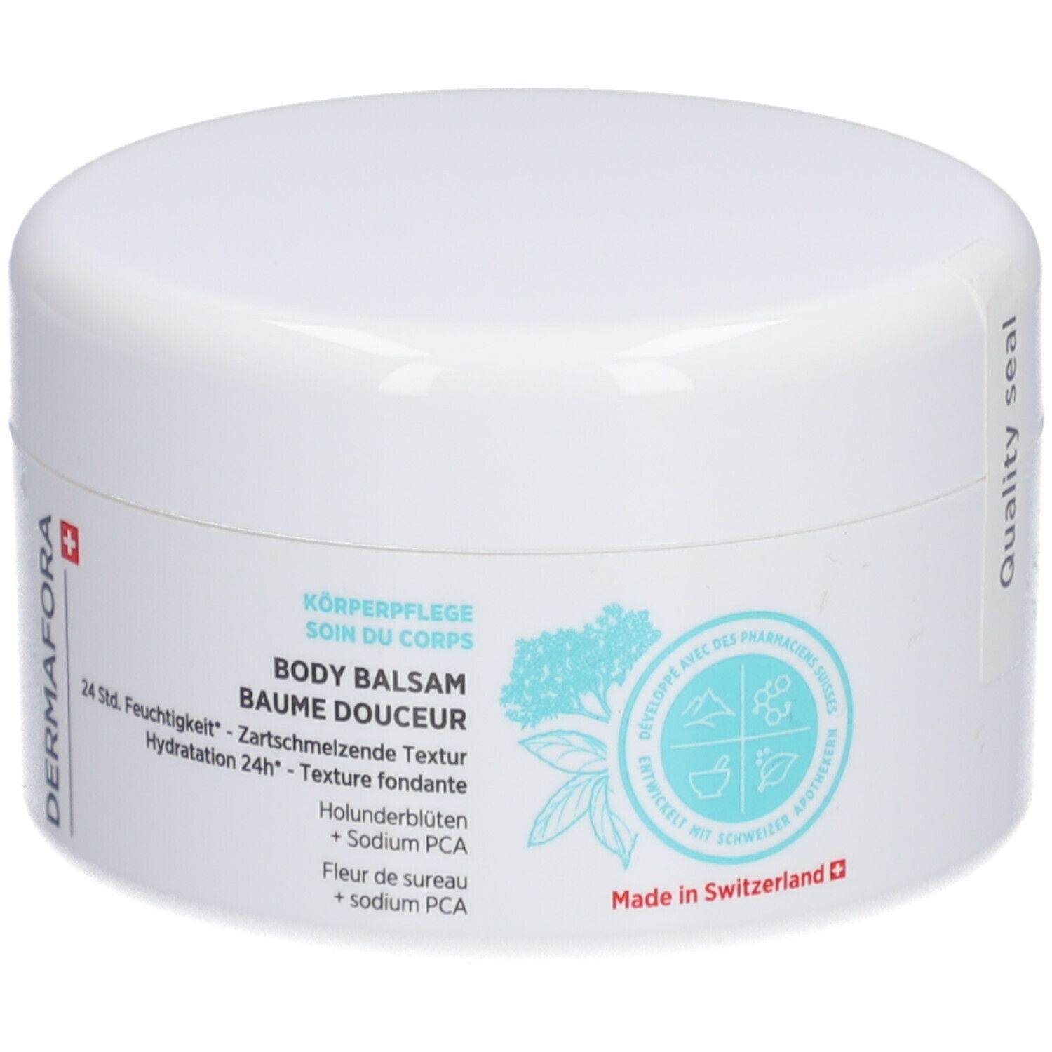 Weißer Tiegel mit Deckel. Aufschrift: DERMAFORA, BODY BALSAM, 24 Std. Feuchtigkeit. Mit Schweizer Kreuz und floralem Design.