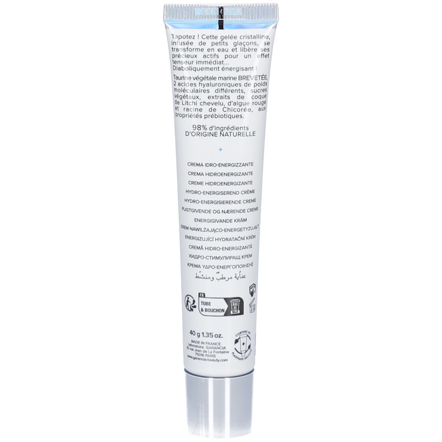 Dos du tube. Texte en français. Contient des informations sur les ingrédients et l'utilisation.