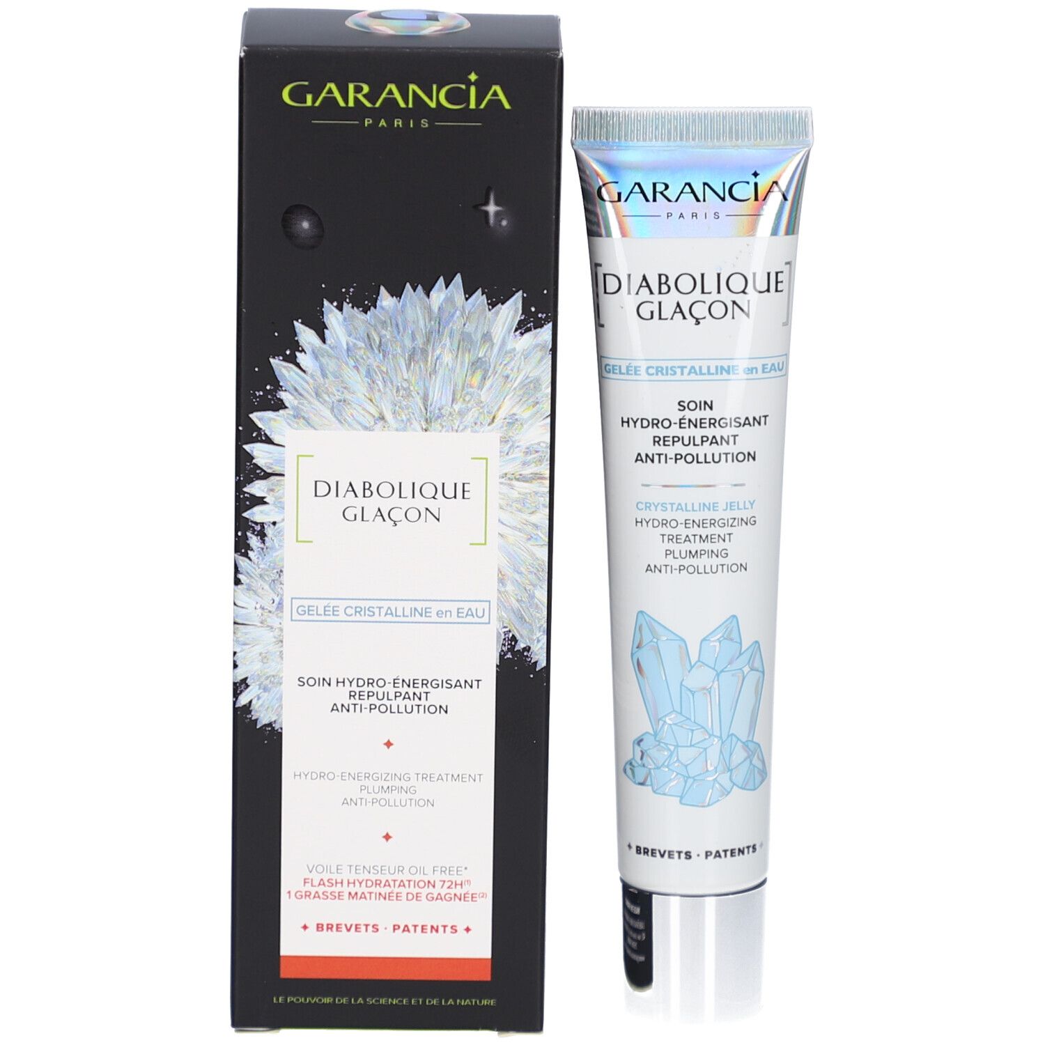 Tube et boîte du produit. Boîte noire avec nom du produit et logo. Cristaux bleus illustrés.