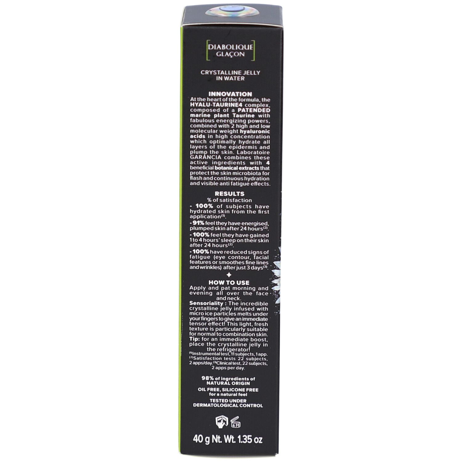 Boîte noire, côté avec texte. Contient des informations sur le produit et l'utilisation.