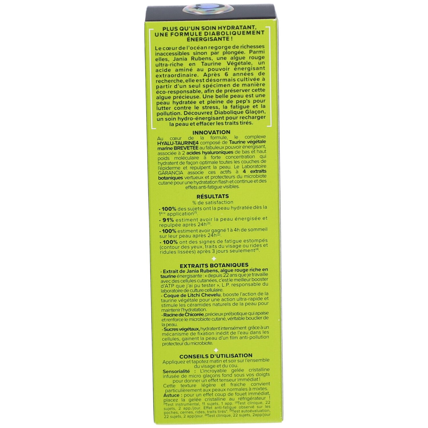 Boîte noire, côté avec texte. Contient des informations sur le produit et les ingrédients.