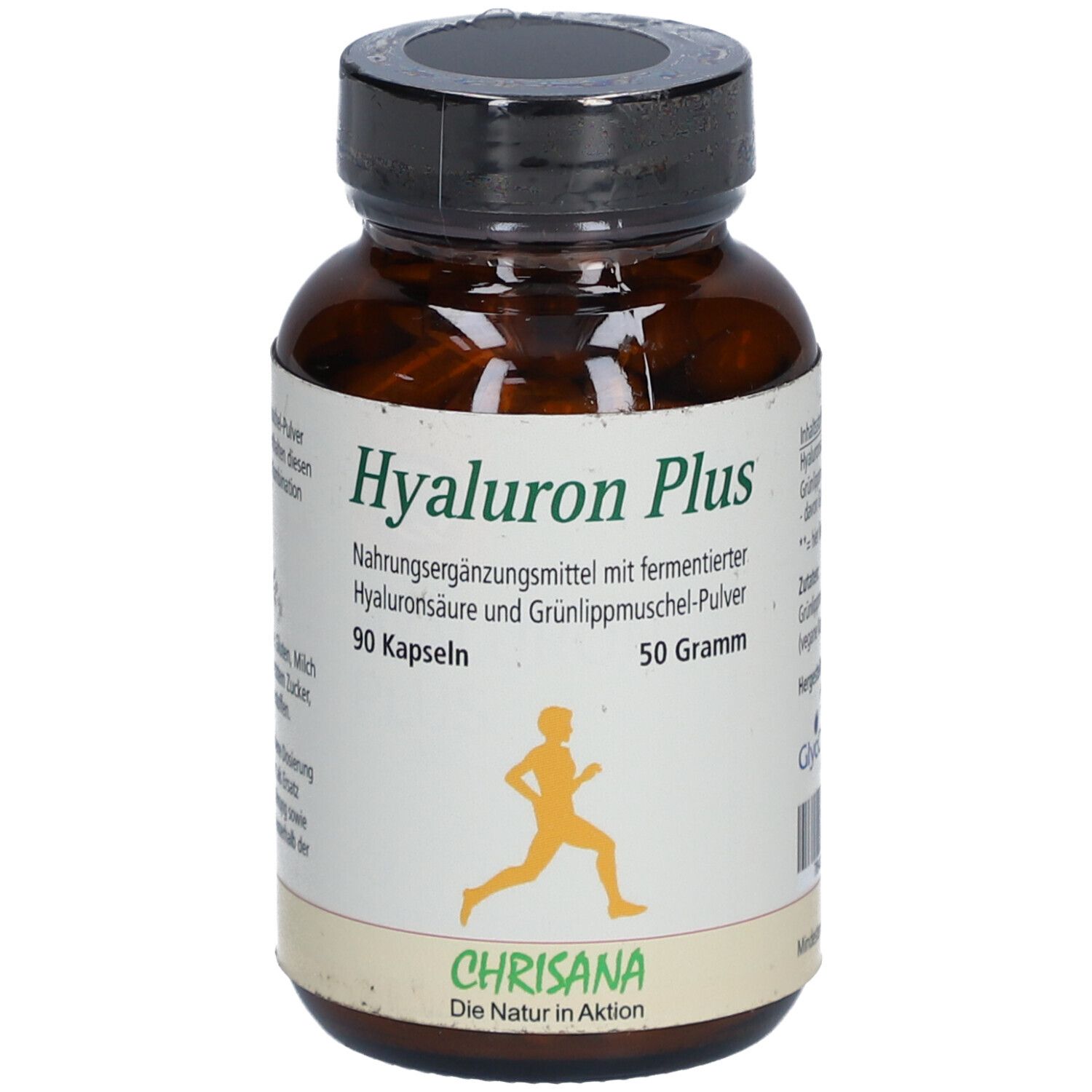 Braune Glasflasche mit schwarzen Deckel. Etikett mit "Hyaluron Plus", 90 Kapseln, 50 Gramm und Chrisana Logo.
