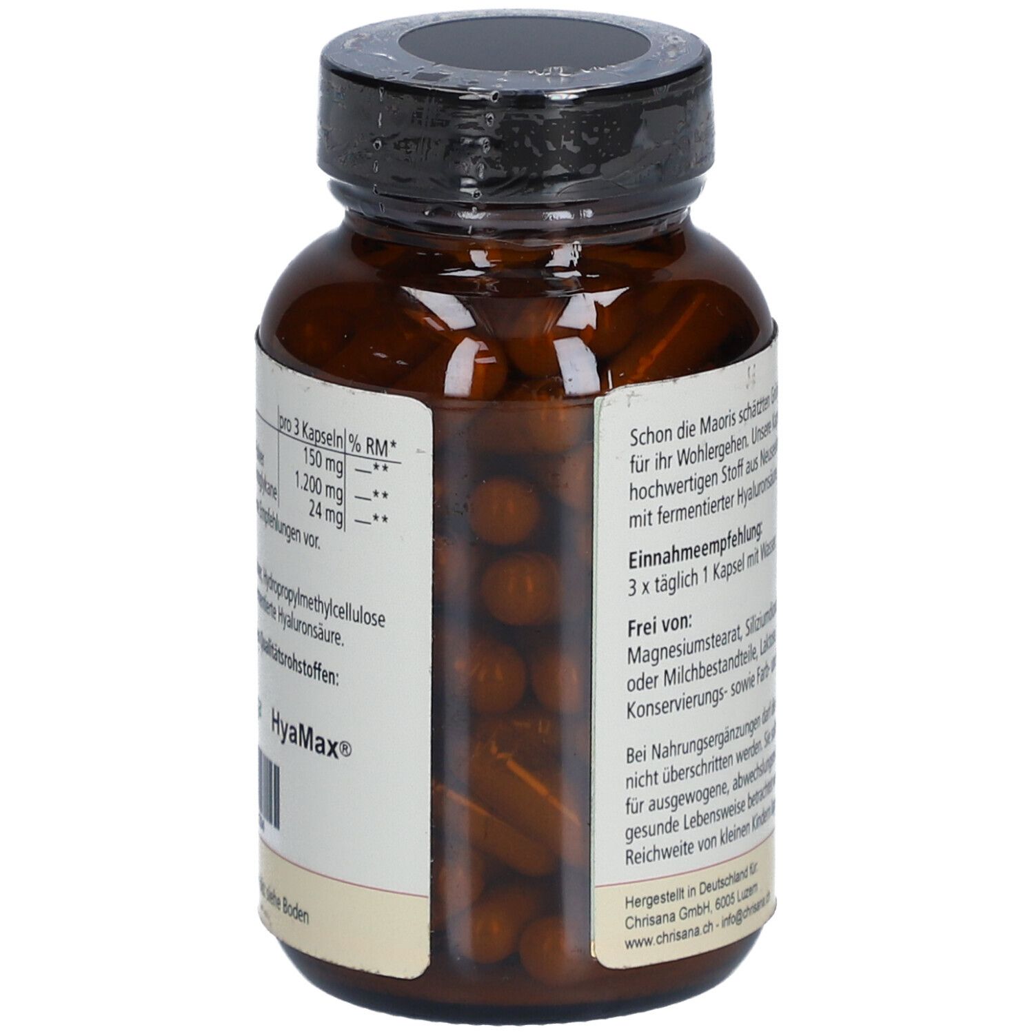 Braune Glasflasche mit schwarzen Deckel. Kapseln sichtbar. Etikett mit Nährwertangaben und Inhaltsstoffen. GlycoOmega Logo.