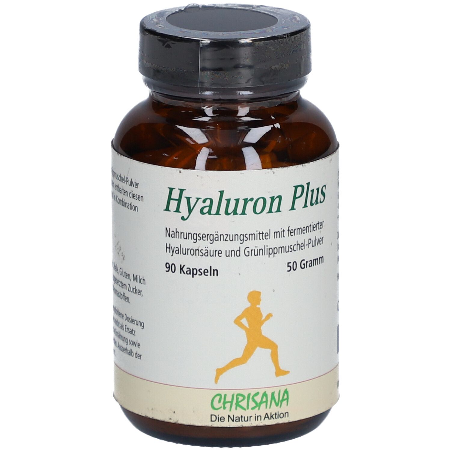 Braune Glasflasche mit schwarzem Deckel. Etikett mit "Hyaluron Plus", 90 Kapseln, 50 Gramm und Chrisana Logo.