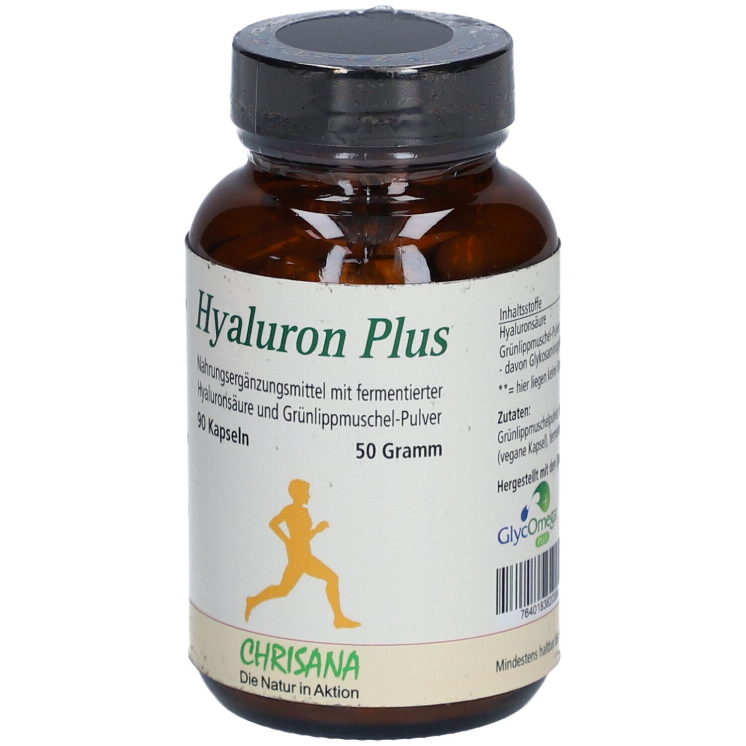 Braune Glasflasche mit schwarzem Deckel. Etikett mit "Hyaluron Plus", 90 Kapseln, 50 Gramm und Chrisana Logo. GlycoOmega Logo.
