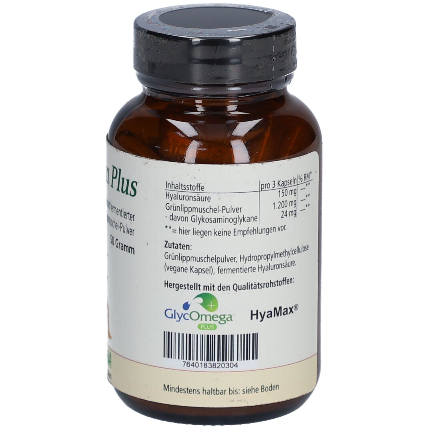 Braune Glasflasche mit schwarzem Deckel. Etikett mit Inhaltsstoffen, Nährwertangaben und GlycoOmega Logo. Mindesthaltbarkeitsdatum.