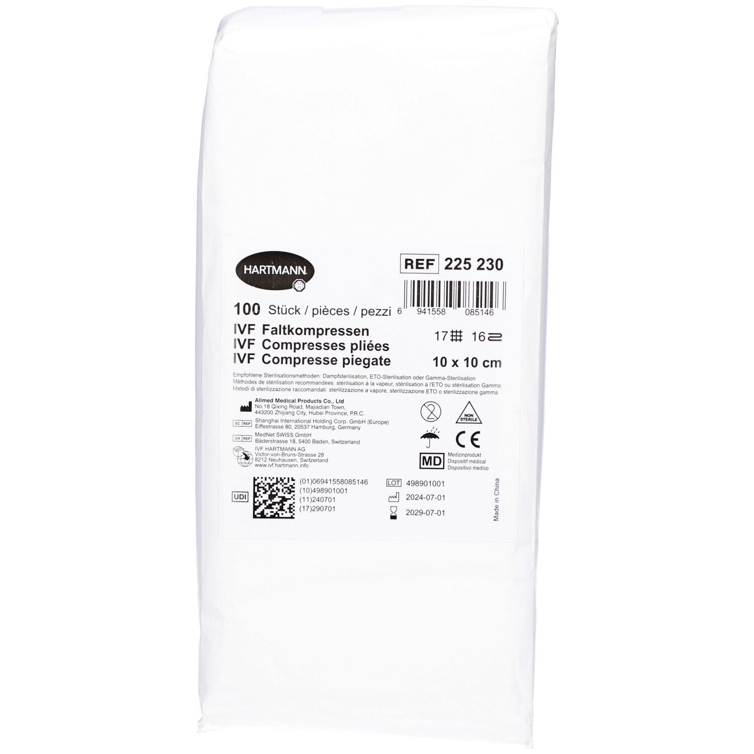 Verpackung mit 100 IVF Faltkompressen. Größe 10 x 10 cm. Marke Hartmann. Medizinprodukt mit CE-Kennzeichnung.