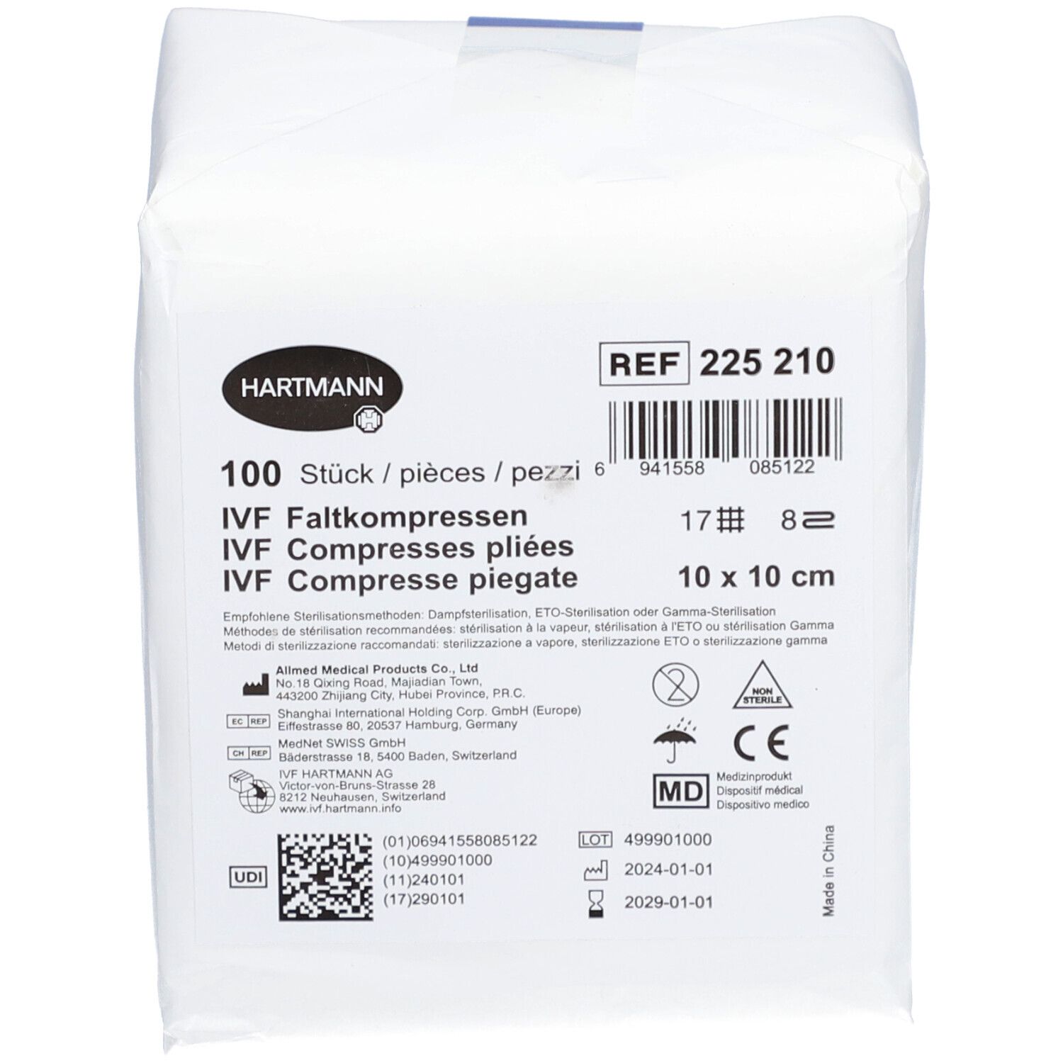 Emballage de compresses pliées IVF. Marque Hartmann. 100 pièces, 10x10 cm. Dispositif médical.