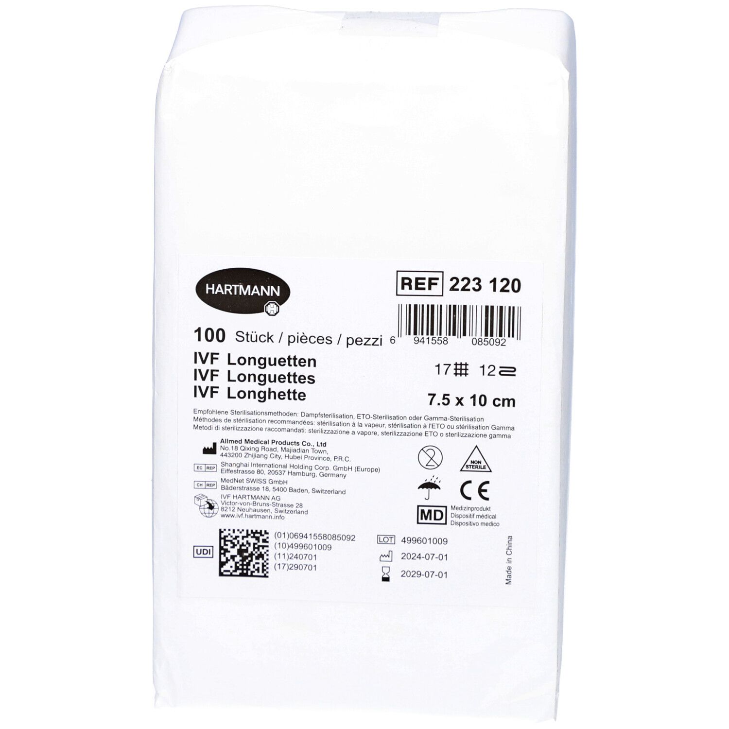 Verpackung mit IVF Longuetten. 100 Stück, 7.5 x 10 cm. Marke HARTMANN. REF 223 120. Mit CE-Kennzeichnung.