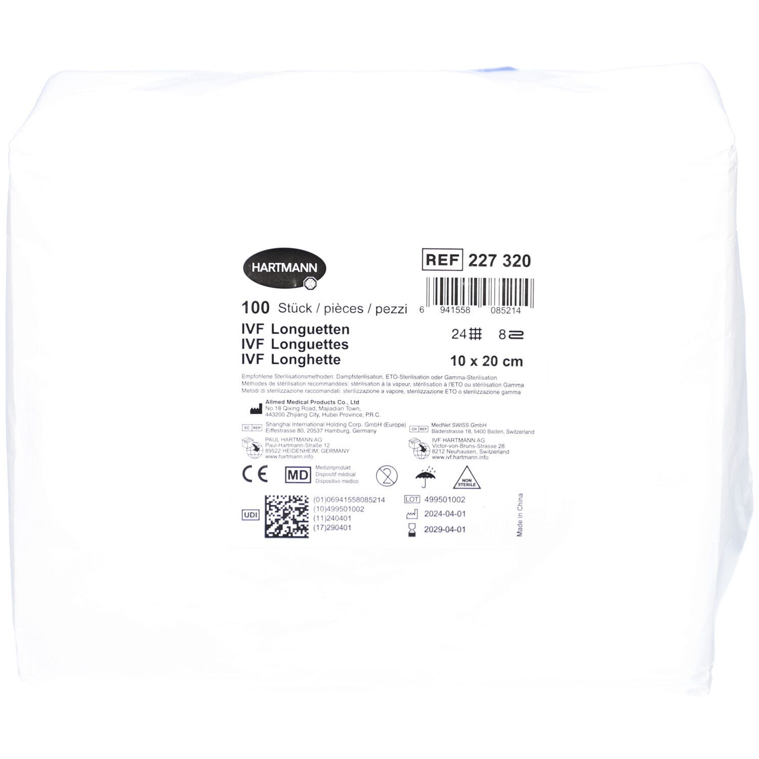 Verpackung mit IVF Longuetten. 100 Stück. Marke Hartmann. Größe 10 x 20 cm. Referenznummer 227 320. CE-Kennzeichnung.