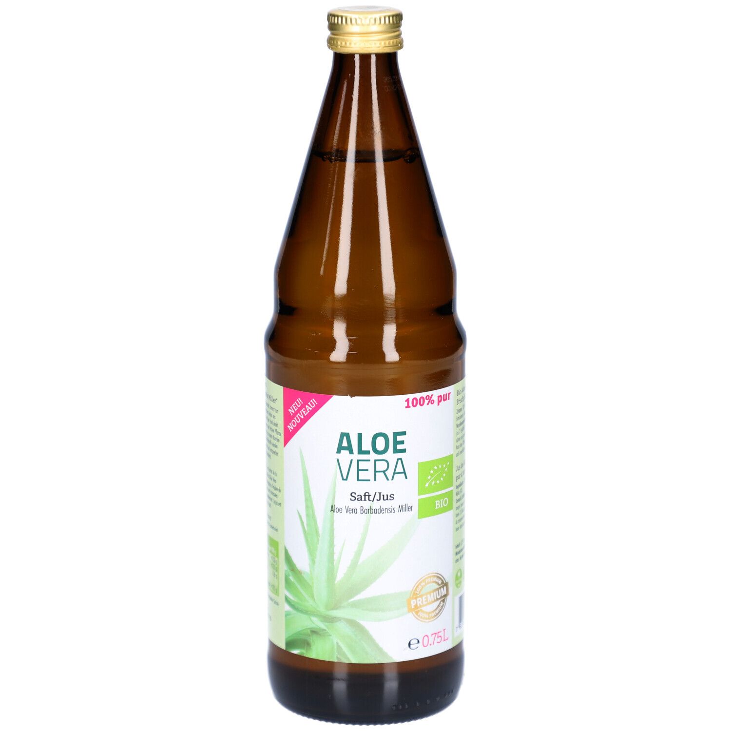 Bouteille en verre brun avec bouchon doré. Étiquette "ALOE VERA" et "100% pur". Label bio.
