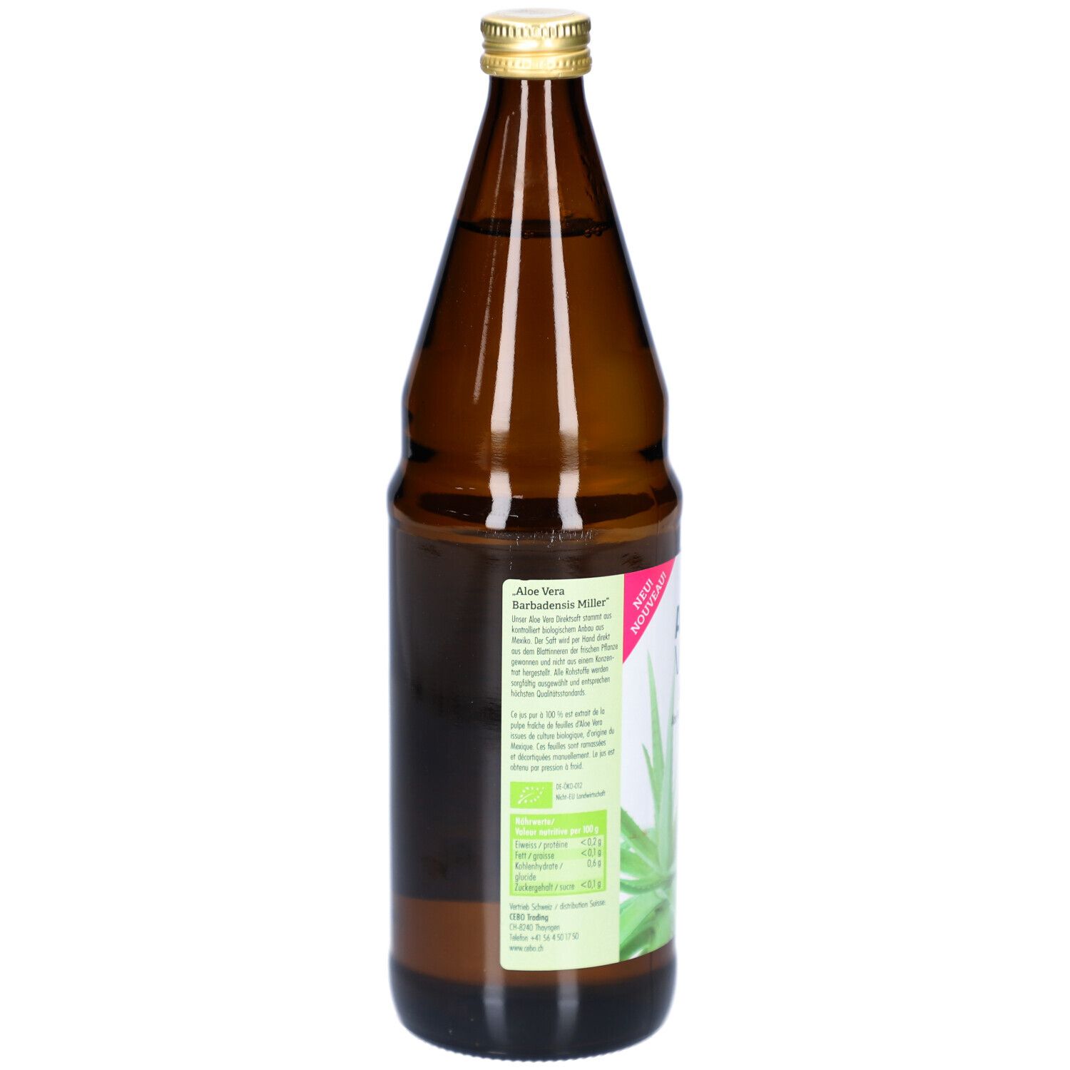 Vue arrière de la bouteille en verre brun. Étiquette avec informations et label bio. Bouchon doré.