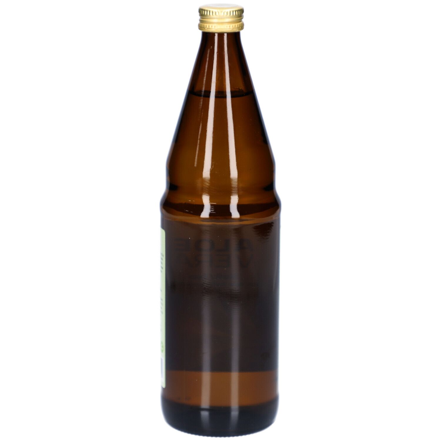 Bouteille en verre brun avec bouchon doré. Aucune étiquette visible. Liquide à l'intérieur.