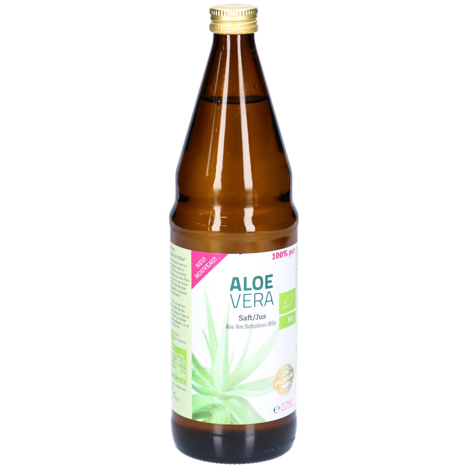 Bouteille en verre brun avec bouchon doré. Étiquette "ALOE VERA" et "100% pur". Label bio.