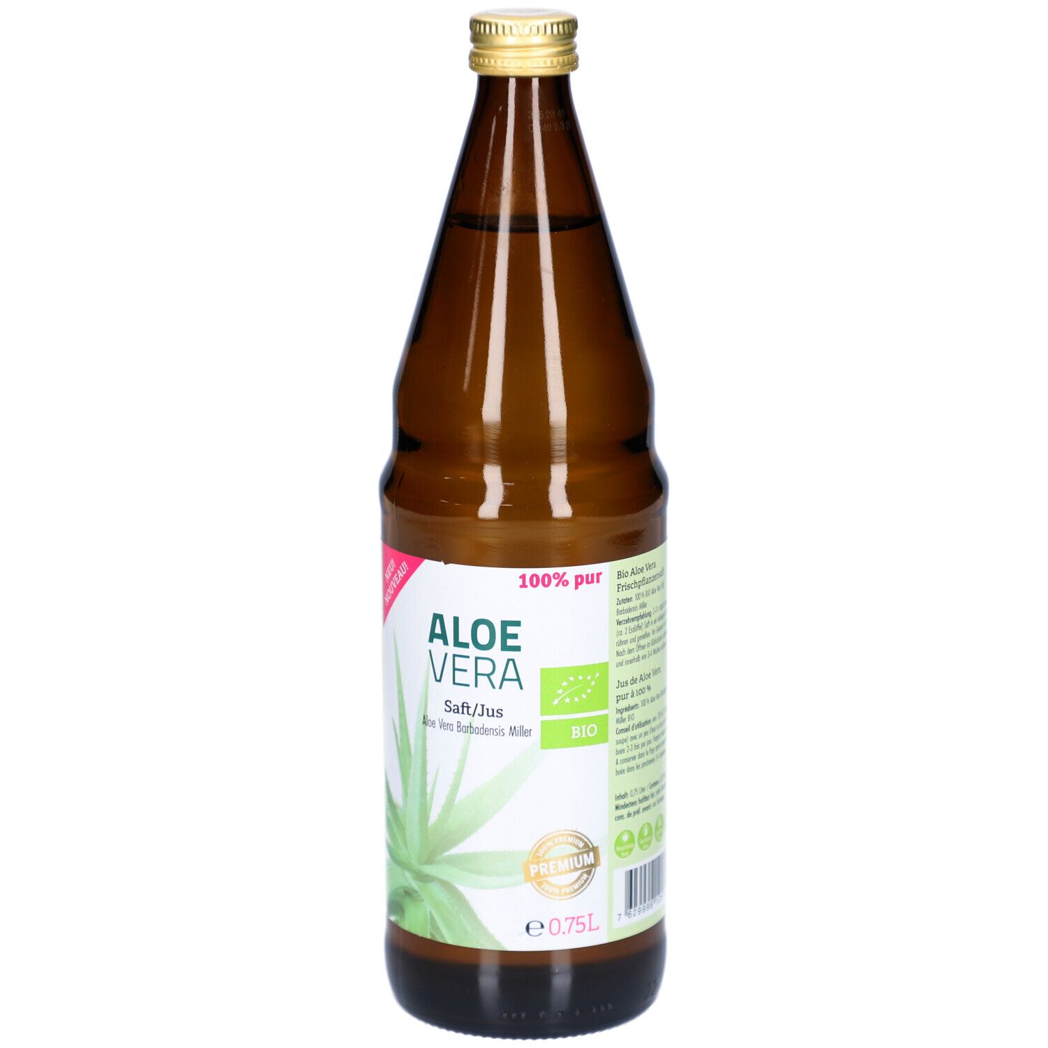 Bouteille en verre brun avec bouchon doré. Étiquette "ALOE VERA" et "100% pur". Label bio.