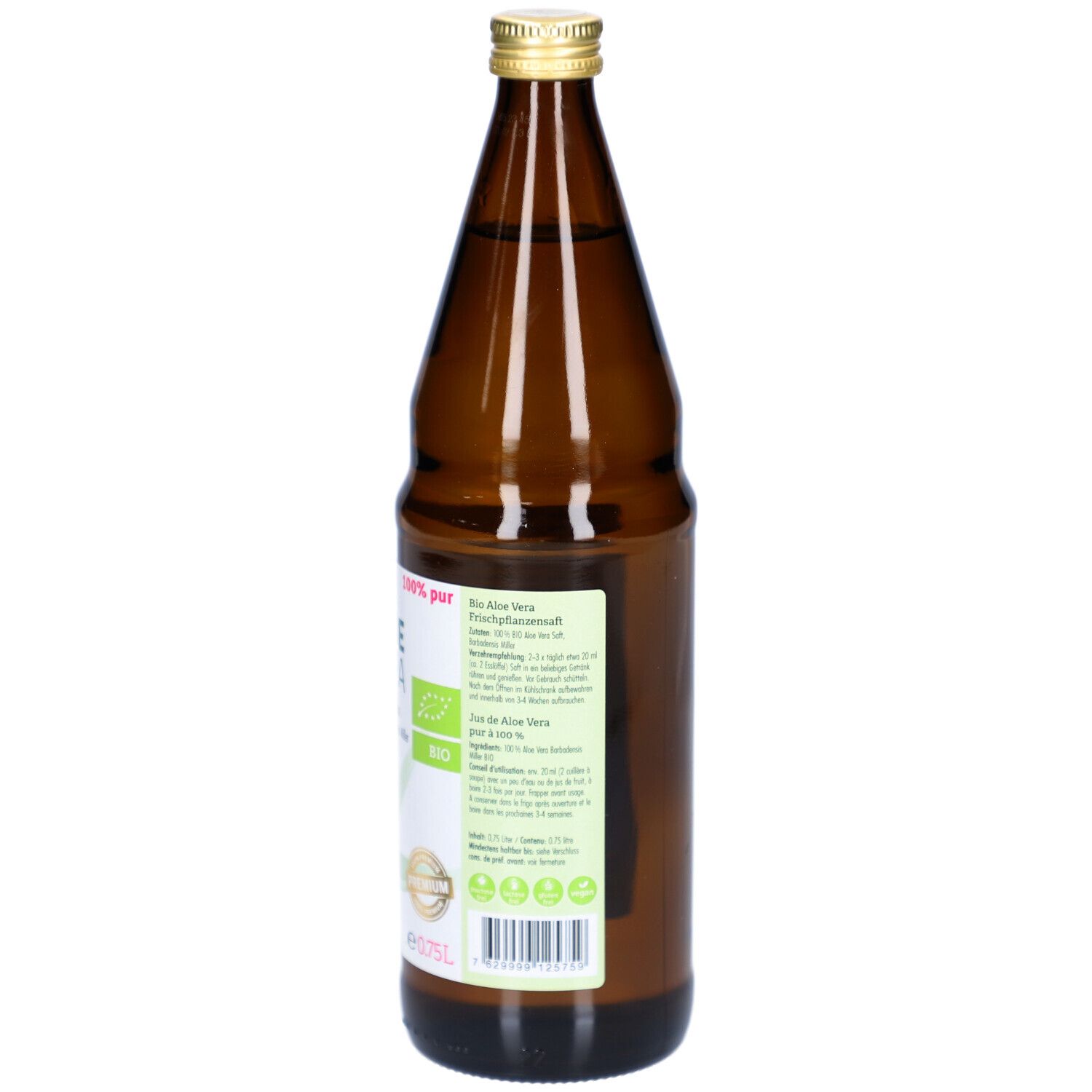 Vue arrière de la bouteille en verre brun. Étiquette avec informations et label bio. Bouchon doré.