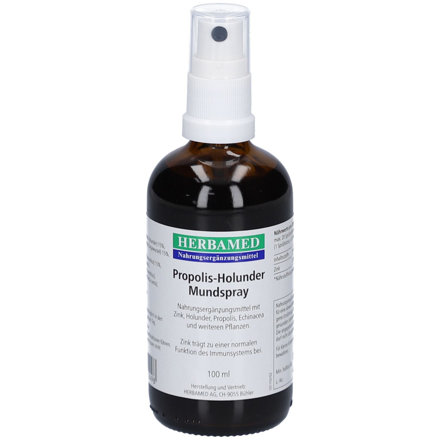 Braune Glasflasche mit weißem Sprühkopf. Etikett mit Produktnamen und Logo. Nahrungsergänzungsmittel.