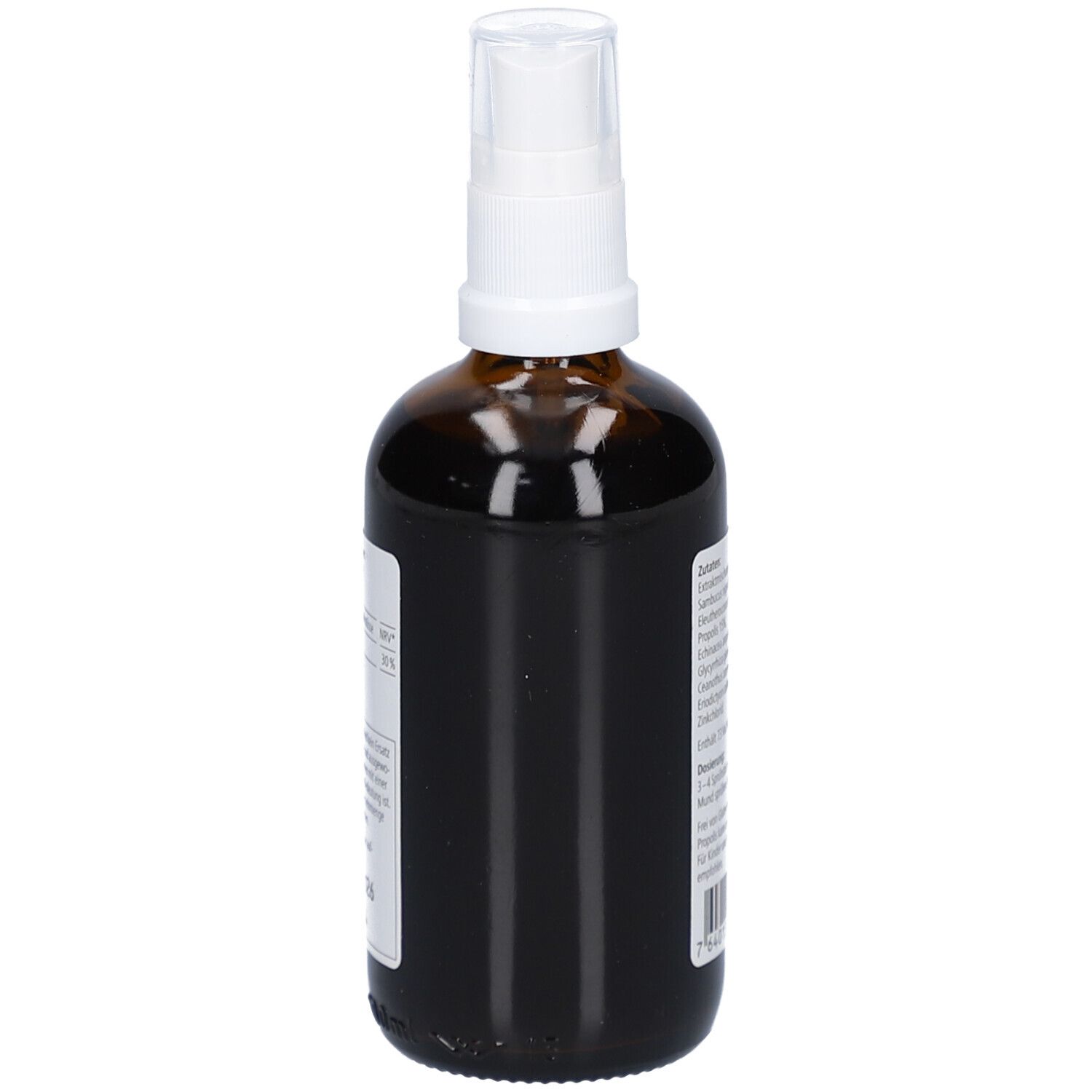 Braune Glasflasche mit weißem Sprühkopf. Etikett teilweise sichtbar. Produktansicht von der Seite.