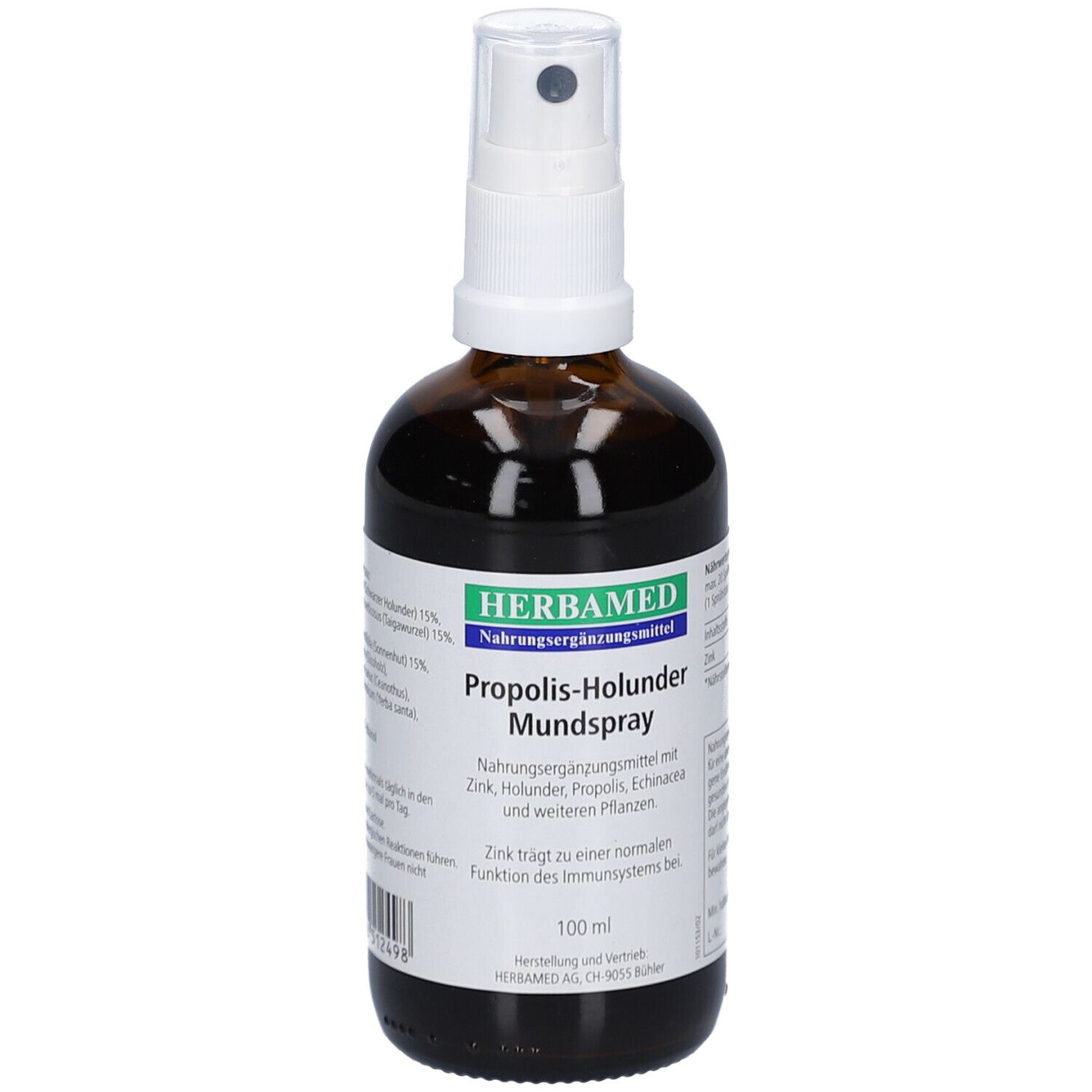 Braune Glasflasche mit weißem Sprühkopf. Etikett mit Produktnamen und Logo. Nahrungsergänzungsmittel.