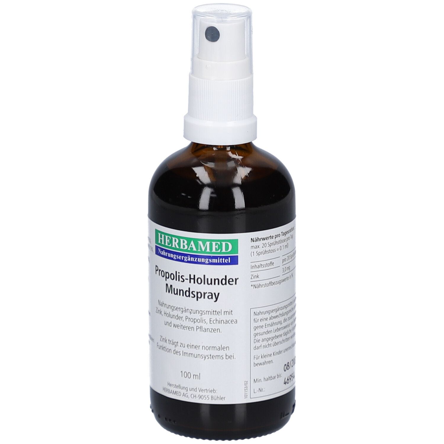 Braune Glasflasche mit weißem Sprühkopf. Etikett mit Produktnamen und Logo. Nahrungsergänzungsmittel.