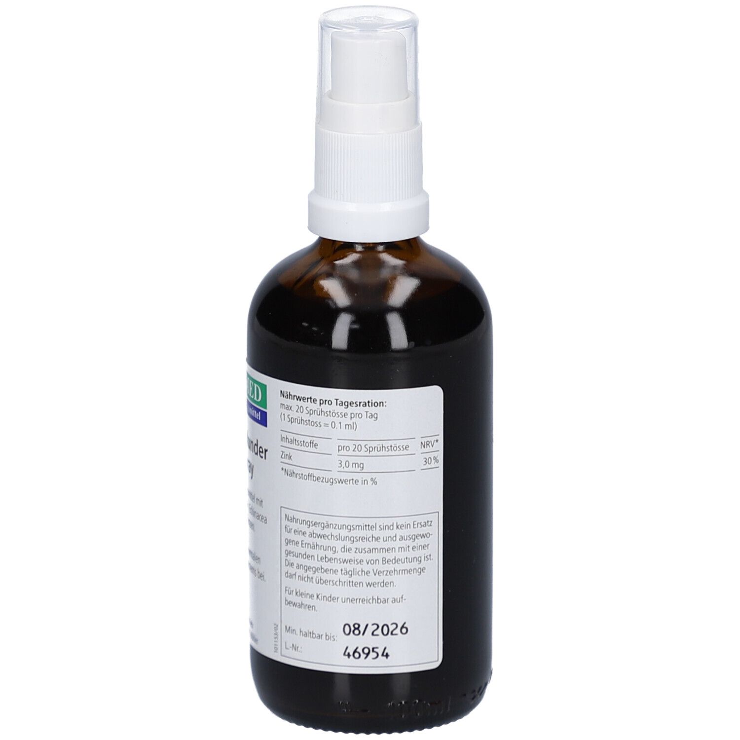 Braune Glasflasche mit weißem Sprühkopf. Etikett mit Nährwertangaben und Verfallsdatum. Nahrungsergänzungsmittel.