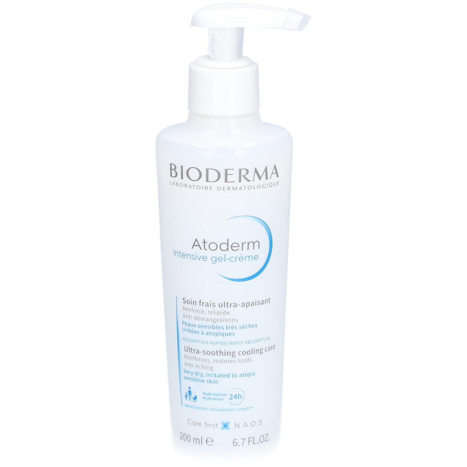 Weiße Flasche mit Pumpverschluss. Aufschrift: Bioderma, Atoderm, intensive gel-crème. Text in Französisch.