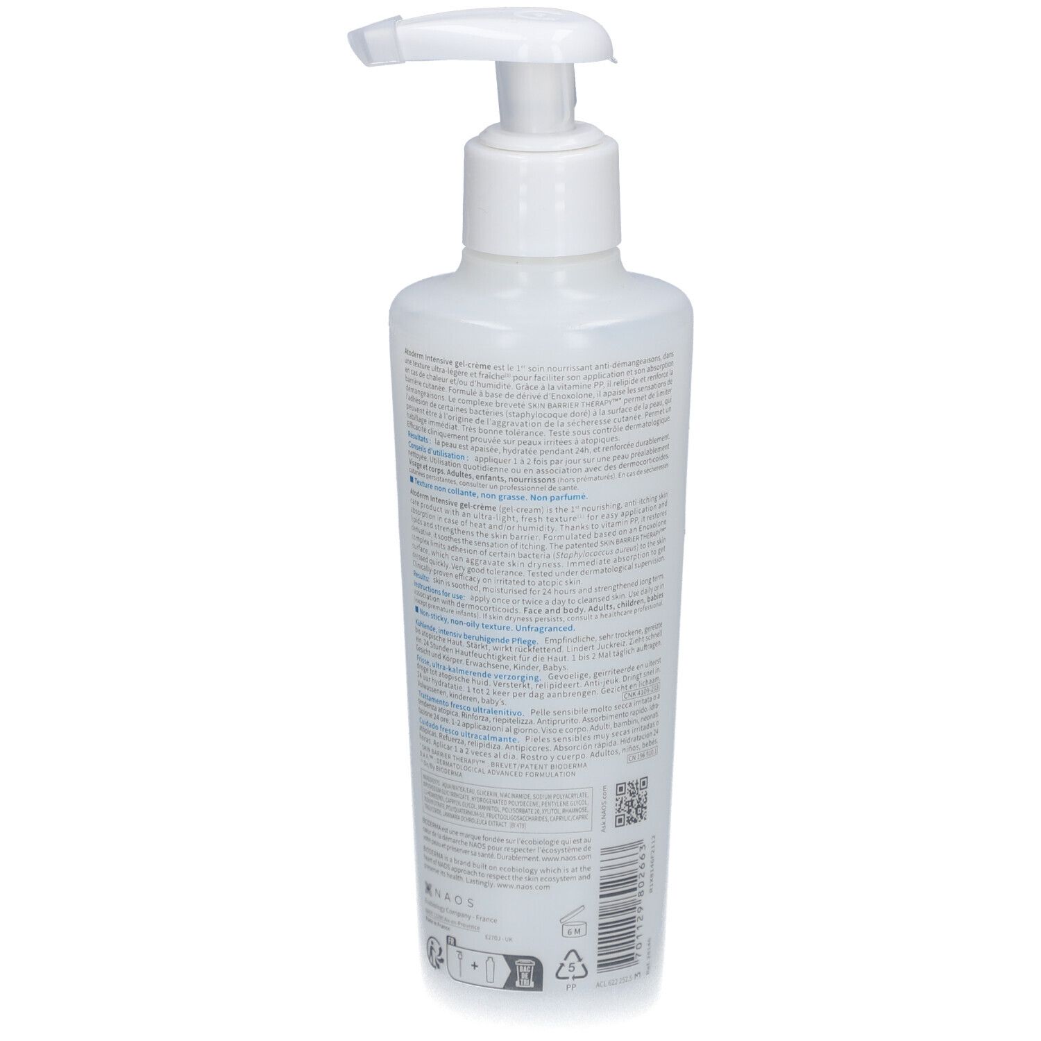 Weiße Flasche mit Pumpverschluss. Rückseite mit Text. Aufschrift: Bioderma, Atoderm, intensive gel-crème.