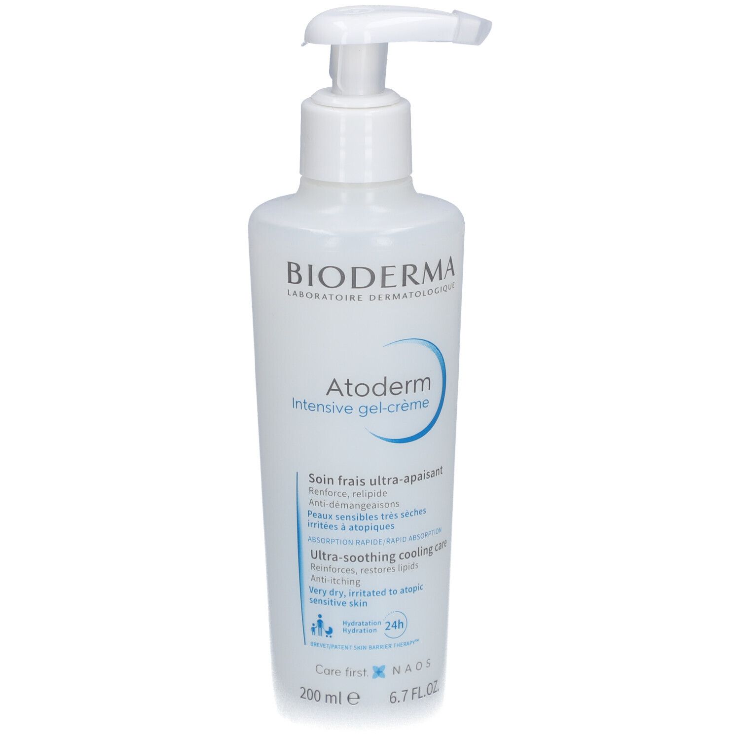 Weiße Flasche mit Pumpverschluss. Aufschrift: Bioderma, Atoderm, intensive gel-crème. Text in Französisch.