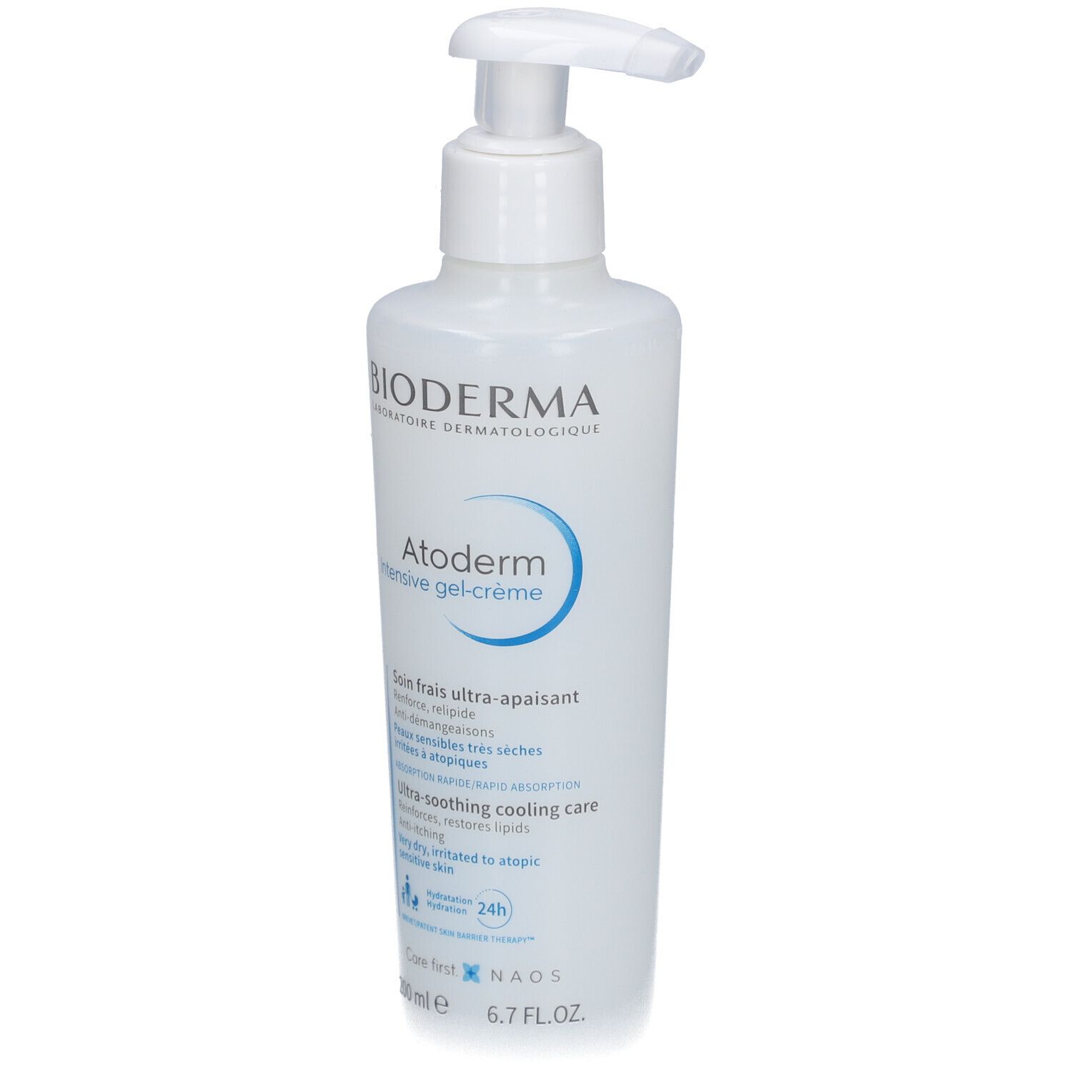 Weiße Flasche mit Pumpverschluss. Aufschrift: Bioderma, Atoderm, intensive gel-crème. Text in Französisch.