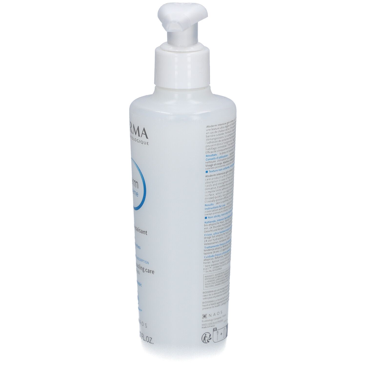 Weiße Flasche mit Pumpverschluss. Rückseite mit Text. Aufschrift: Bioderma, Atoderm, intensive gel-crème.