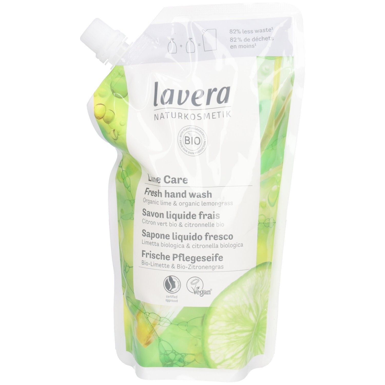 Recharge de savon liquide Lavera. Design vert avec texte: Lime Care, Fresh hand wash, logo Bio et Vegan.