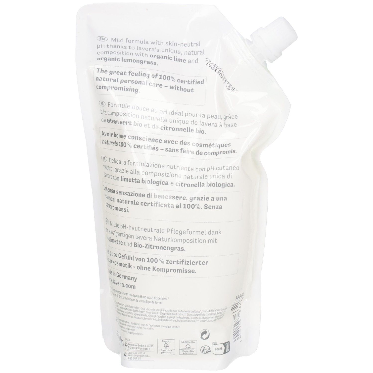 Dos de la recharge. Texte: Lavera, formule pH neutre, citronnelle bio, logo Vegan, fabriqué en Allemagne.