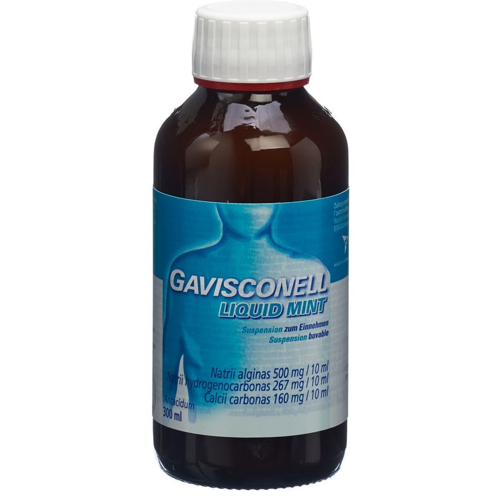 Braune Flasche mit weißem Deckel. Blaues Etikett mit Produktnamen GAVISCONELL LIQUID MINT. Angaben zu Inhaltsstoffen und Volumen.