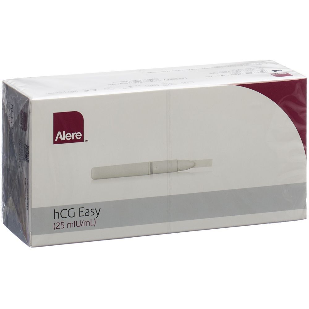 Verpackung mit Teststäbchen. Marke Alere, Schriftzug hCG Easy (25 mIU/mL).