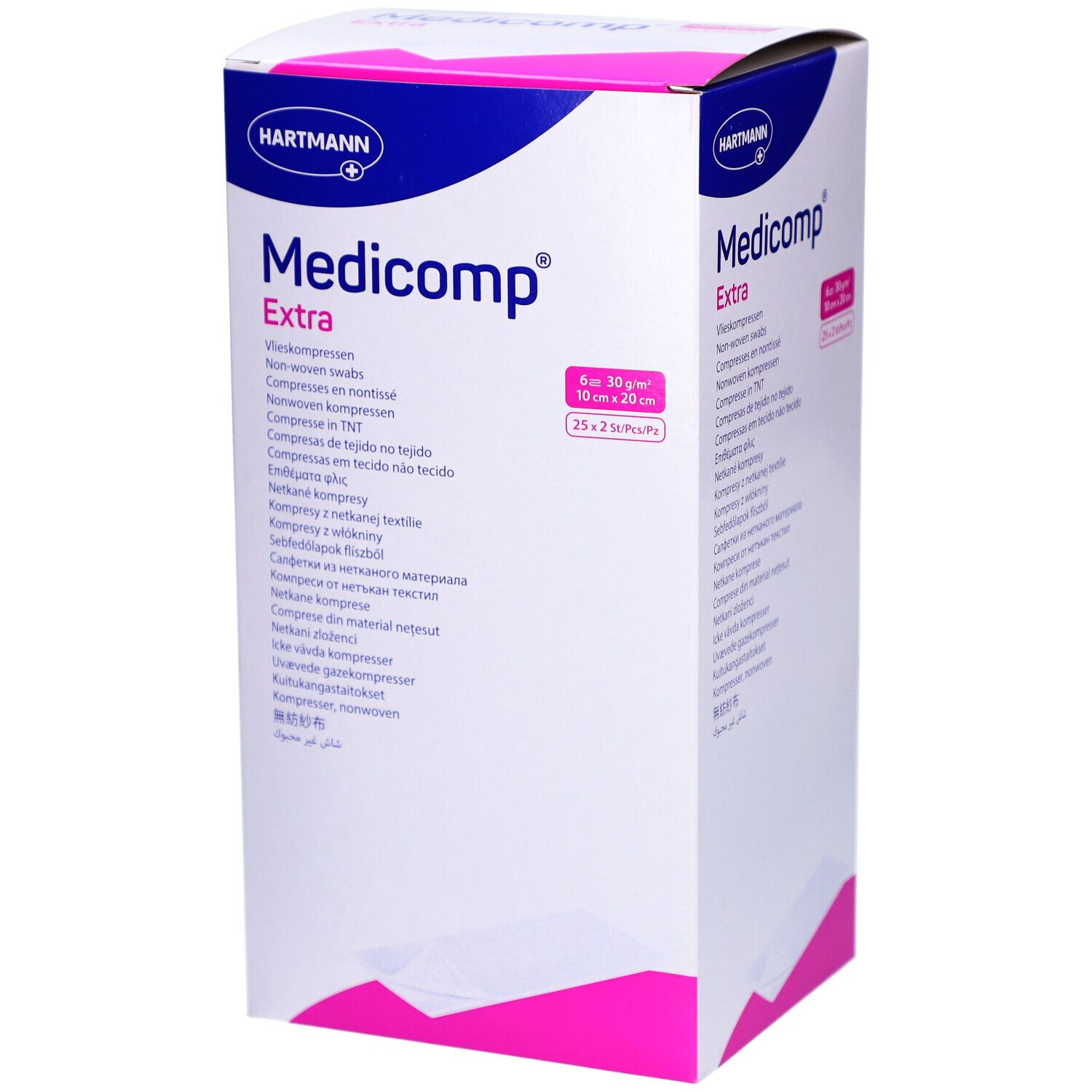 Verpackung von Medicomp Extra Vliesstoffkompressen. 6-fach, 10 x 20 cm. Marke HARTMANN. Rosa und weißes Design.