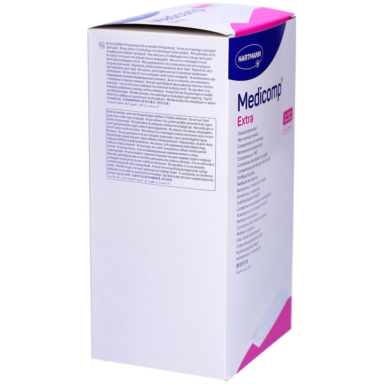 Rückseite der Medicomp Extra Verpackung. Text in verschiedenen Sprachen. Marke HARTMANN. Rosa und weißes Design.